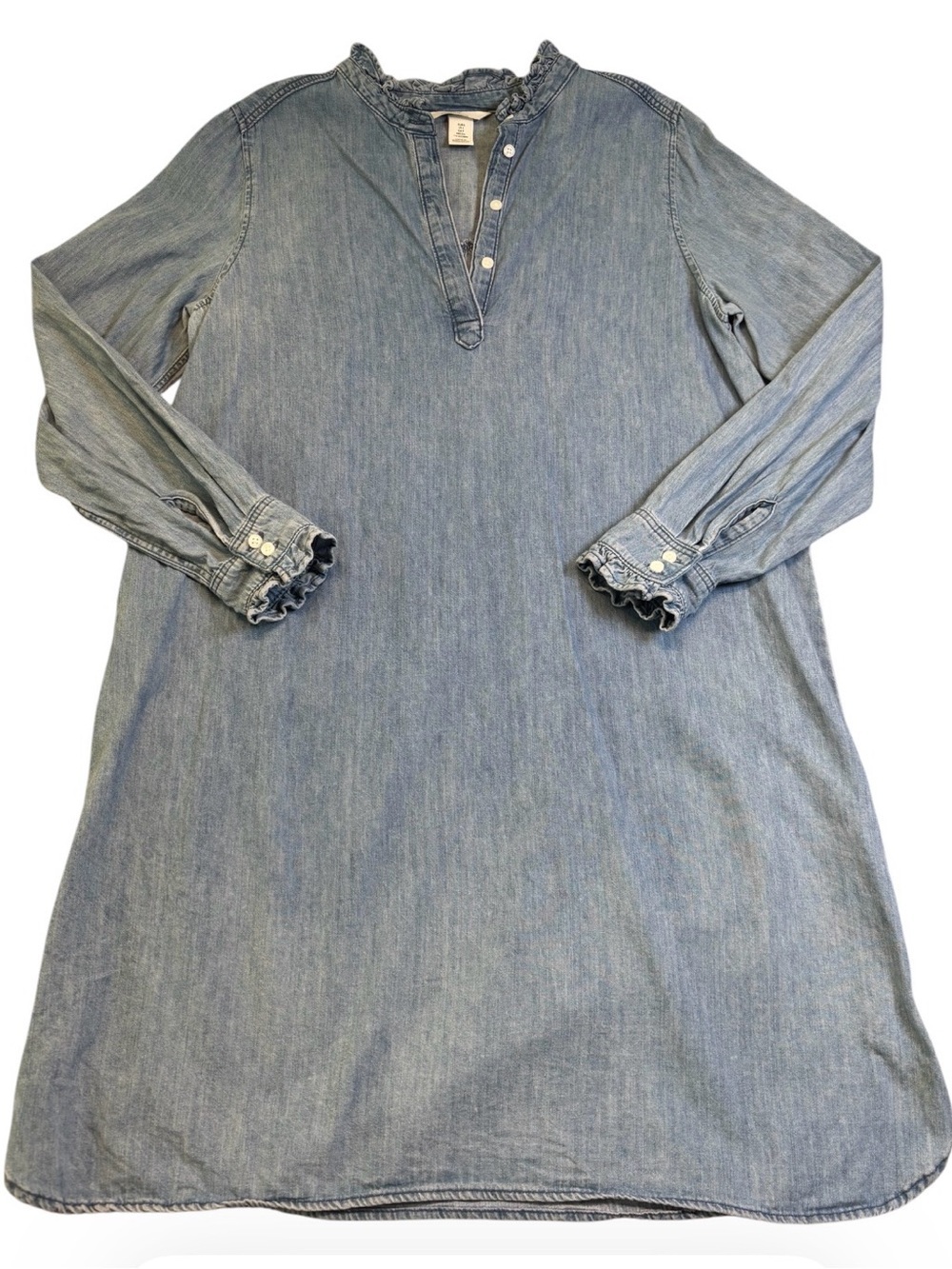 H&M MAMA Maternity Chambray Shirt Dress Small Blue Ruffle Collar Denim EUC